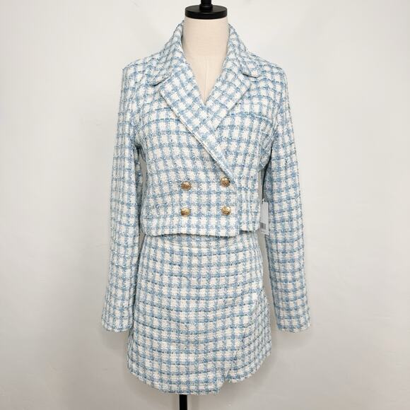 NWT Jason Wu Tweed Blazer & Skort Set Blue White Gingham Boucle Preppy Size 8 - Picture 1 of 15